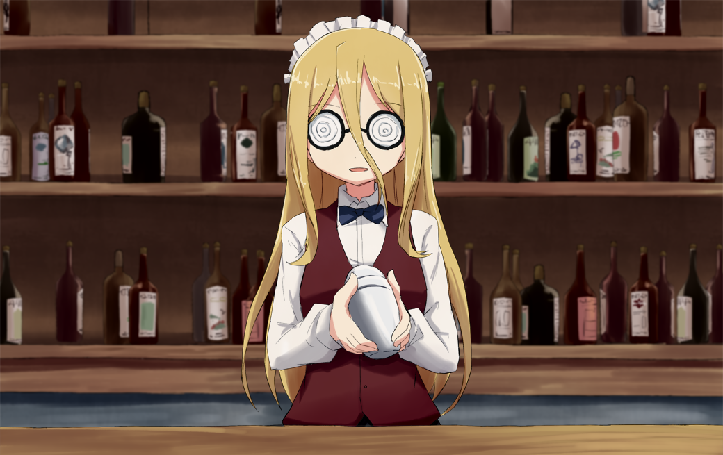 1girl bar bartender black_neckwear blonde_hair blurry blurry_background bottle bow bowtie brown_vest cocktail_shaker coke-bottle_glasses commentary cosplay counter cutlass_(girls_und_panzer) cutlass_(girls_und_panzer)_(cosplay) dress_shirt girls_und_panzer glasses hair_between_eyes handkerchief holding indoors kakizaki_(chou_neji) long_hair long_sleeves looking_at_viewer maid_headdress nekonyaa open_mouth round_eyewear school_uniform shelf shirt smile solo standing upper_body vest white_shirt wing_collar