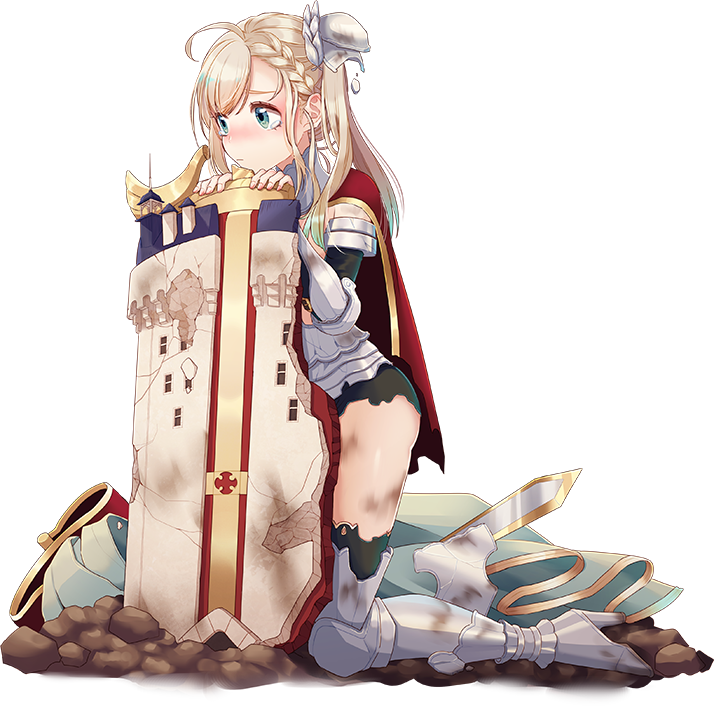 1girl bangs blonde_hair blue_eyes blush chateau_de_chinon_(oshiro_project) elbow_gloves full_body gloves hair_ornament holding_shield looking_away natuki_miz oshiro_project oshiro_project_re shield side_ponytail sitting solo swept_bangs tearing_up torn_clothes transparent_background