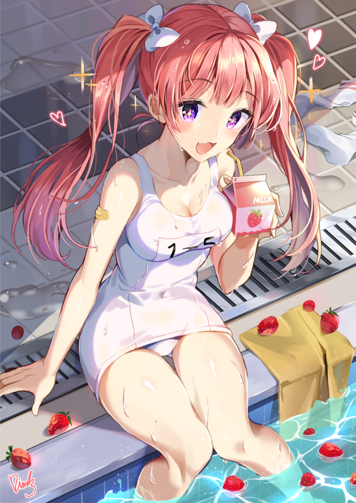 +_+ 1girl :3 :d aisha_(elsword) bandaid_on_arm bangs bare_arms bare_legs bare_shoulders bendy_straw blush bow breasts cleavage collarbone commentary drinking_straw elsword eyebrows_visible_through_hair fang food fruit hair_bow heart holding knees_together_feet_apart long_hair looking_at_viewer medium_breasts milk_carton old_school_swimsuit one-piece_swimsuit open_mouth pinb poolside redhead school_swimsuit sidelocks sitting smile soaking_feet socks_removed solo strawberry swimsuit symbol_commentary twintails very_long_hair violet_eyes water wet white_bow white_legwear white_school_swimsuit white_swimsuit