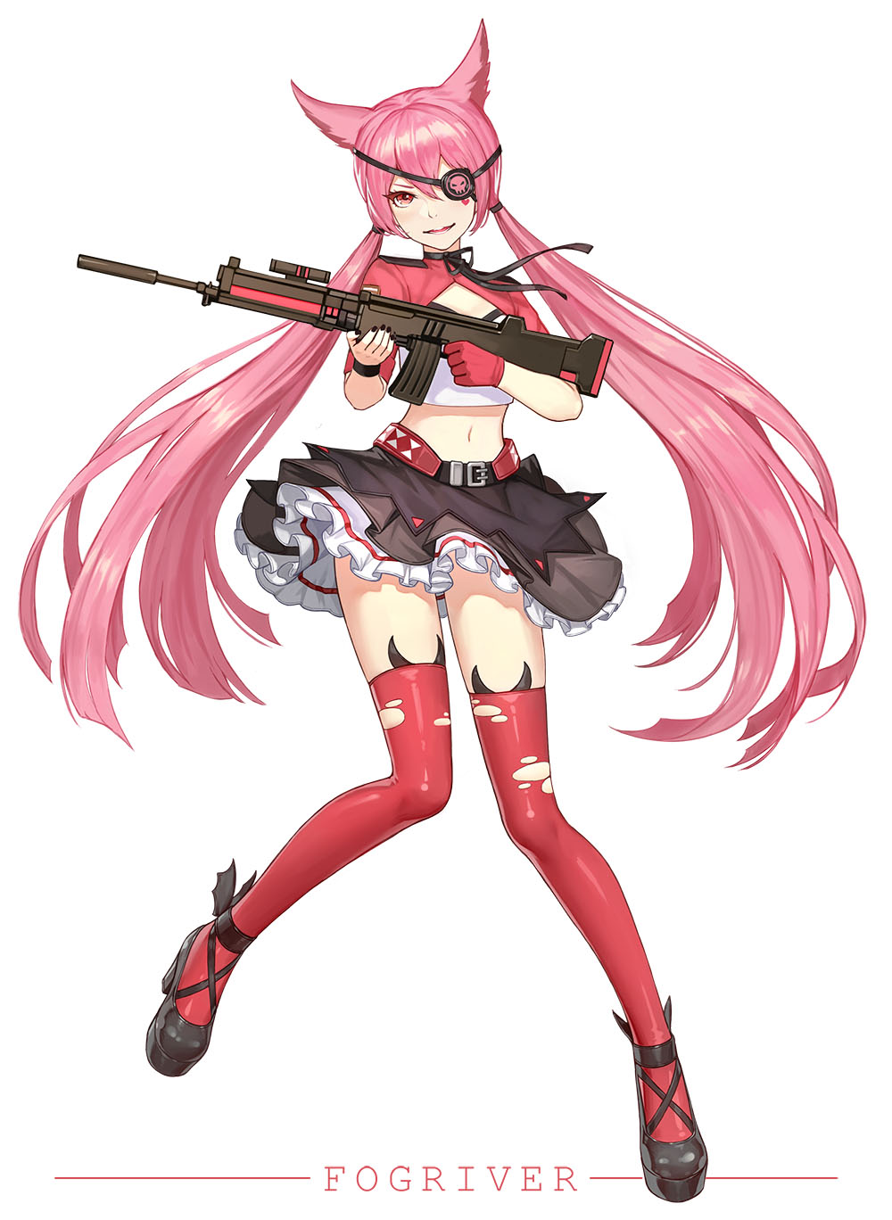 1girl animal_ears artist_name bangs belt breasts closed_mouth cropped_jacket eyepatch fingernails fogriver full_body gloves gun highres holding holding_gun holding_weapon long_hair looking_at_viewer mary_janes midriff navel original pigeon-toed pink_hair red_eyes red_glove red_legwear shoes simple_background single_glove small_breasts smile solo standing thigh-highs torn_clothes torn_thighhighs weapon zettai_ryouiki