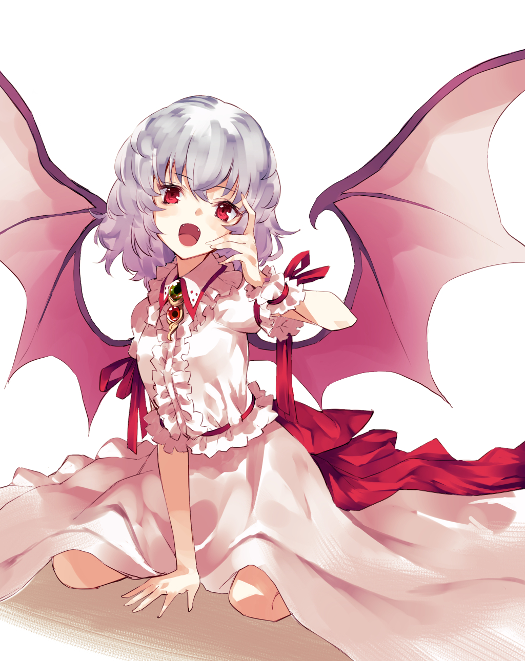 1girl arm_support bangs bat_wings eyebrows_visible_through_hair fangs frilled_shirt frilled_shirt_collar frilled_sleeves frills hand_to_head highres kneeling lavender_hair long_skirt looking_at_viewer nuqura open_mouth puffy_short_sleeves puffy_sleeves red_eyes red_ribbon remilia_scarlet ribbon shirt short_hair short_sleeves simple_background skirt solo touhou white_background white_shirt white_skirt wings wrist_cuffs