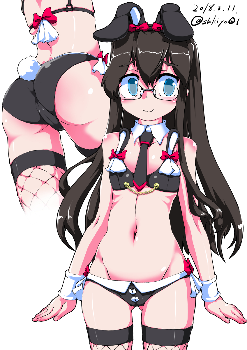 1girl animal_ears artist_name ass bikini black_bikini black_hair black_neckwear blue_eyes bow bow_bikini bunny_tail buttons dated detached_collar eyebrows_visible_through_hair fishnet_legwear fishnets glasses gluteal_fold hair_between_eyes highres kantai_collection long_hair navel necktie ooyodo_(kantai_collection) rabbit_ears red_bow short_necktie simple_background smile solo sukiyo swimsuit tail thigh-highs white_background wristband