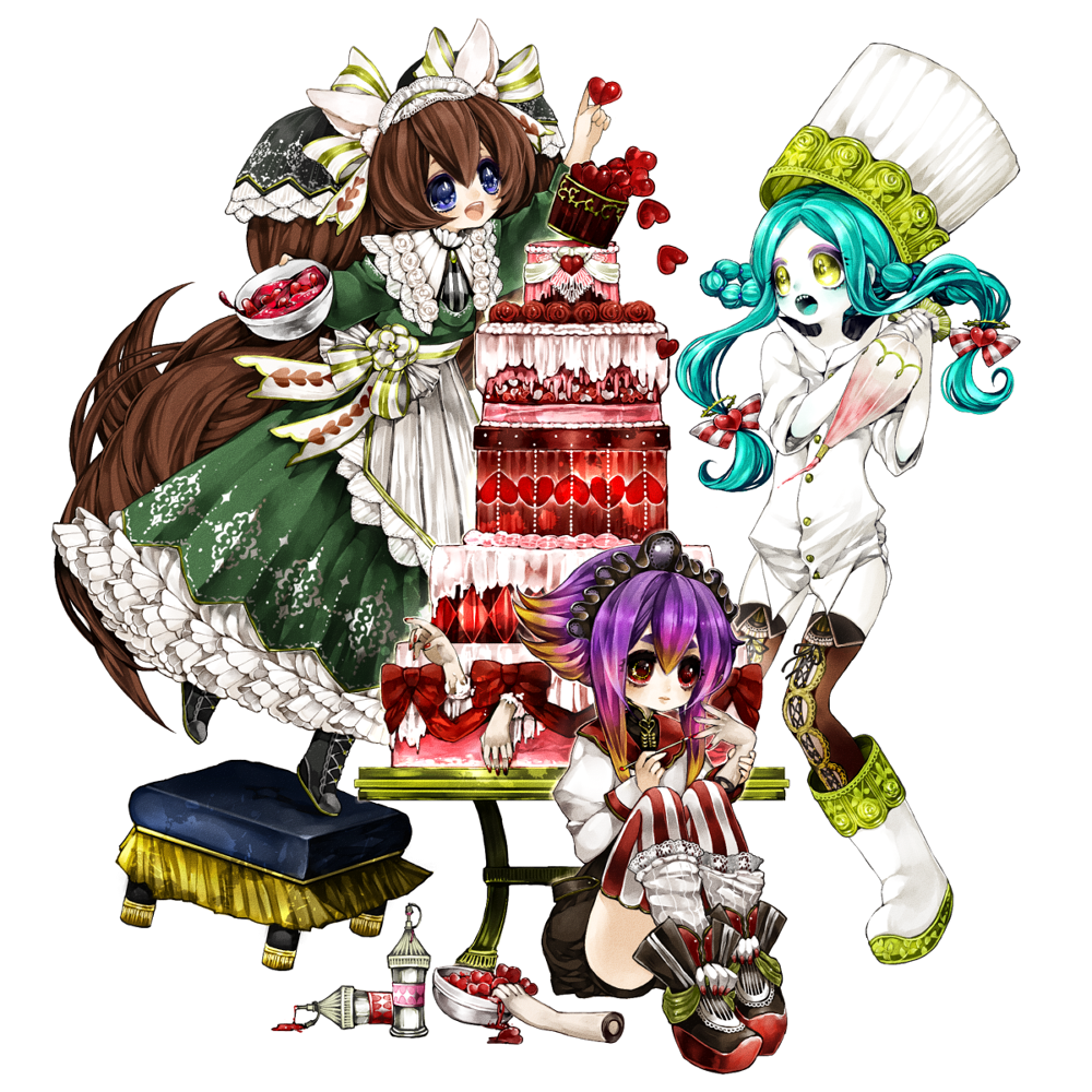 3girls :d apron bangs blue_hair boots bow brown_hair cake character_request chino_machiko copyright_request dress food gradient_hair green_dress hair_bow hairband hat heart holding long_hair long_sleeves multicolored_hair multiple_girls open_mouth parted_bangs platform_footwear purple_hair red_eyes rozen_maiden shoes simple_background smile standing standing_on_one_leg stool striped striped_legwear thigh-highs vertical-striped_legwear vertical_stripes very_long_hair violet_eyes waist_apron white_apron white_background white_footwear