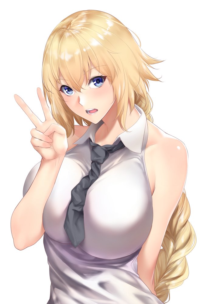1girl between_breasts blonde_hair blue_eyes blush braid breasts commentary_request fate/grand_order fate_(series) jeanne_d'arc_(fate)_(all) large_breasts long_braid looking_at_viewer necktie open_mouth shiny shiny_skin simple_background solo v white_background zucchini