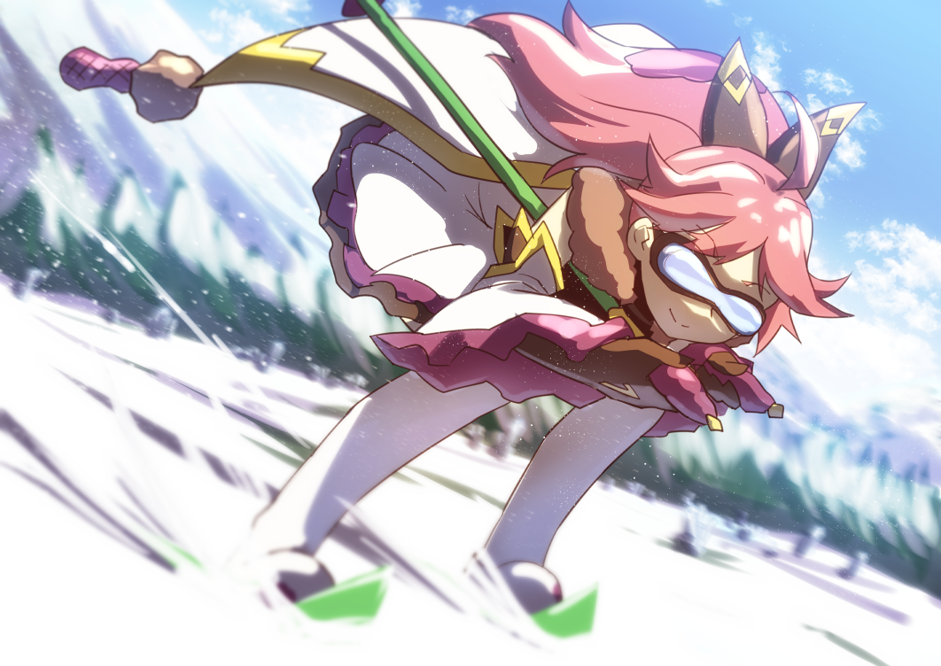 1girl cape flower_knight_girl gloves goggles long_hair mizunashi_(second_run) pink_hair skiing skis smile snow solo stock_(flower_knight_girl)