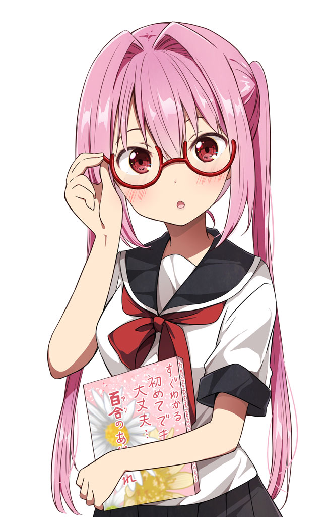 1girl :o adjusting_eyewear arm_up bangs black_sailor_collar black_skirt blush book breasts chikanoko commentary_request glasses hair_between_eyes hair_intakes head_tilt long_hair looking_at_viewer medium_breasts object_hug parted_lips pink_hair pleated_skirt ragho_no_erika red-framed_eyewear red_eyes red_neckwear sailor_collar school_uniform semi-rimless_eyewear serafuku shirt short_sleeves sidelocks skirt solo translation_request tsugou_makina twintails under-rim_eyewear very_long_hair white_shirt