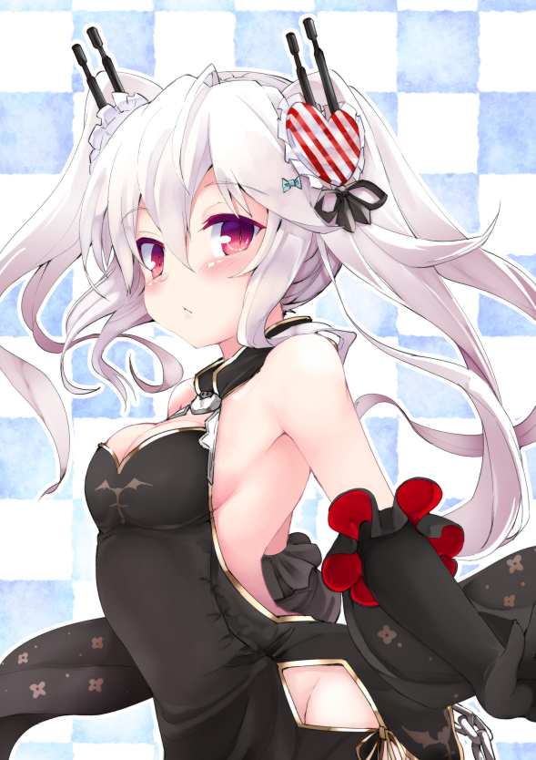 1girl azur_lane bangs bare_shoulders black_dress black_gloves blush breasts checkered checkered_background closed_mouth commentary_request dress elbow_gloves eyebrows_visible_through_hair gloves hair_between_eyes hair_ornament heart heart_hair_ornament long_hair looking_at_viewer looking_to_the_side medium_breasts noa_(nagareboshi) red_eyes silver_hair sleeveless sleeveless_dress solo vampire_(azur_lane) very_long_hair