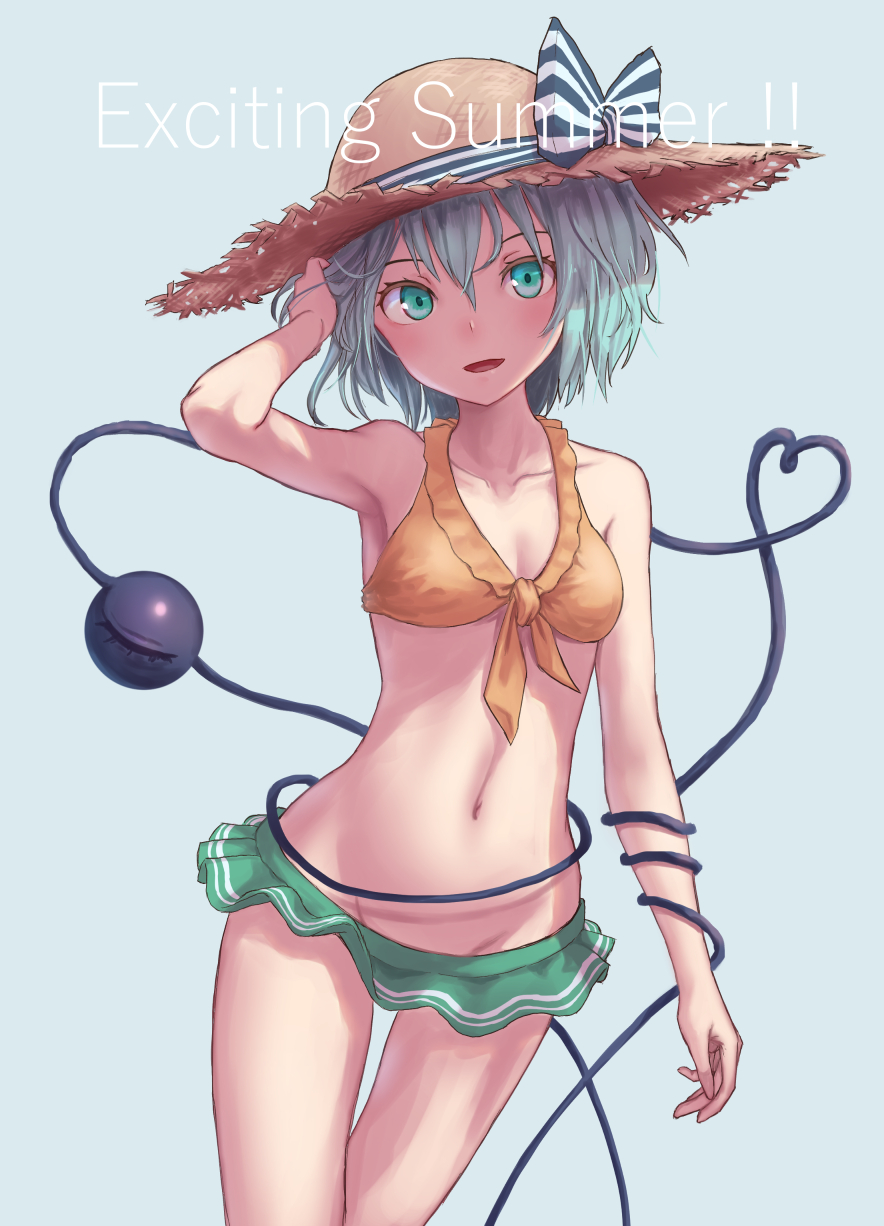 1girl arm_up armpits bare_arms bare_shoulders blue_background blue_bow blush bow breasts brown_hat cleavage collarbone commentary_request cowboy_shot english front-tie_bikini front-tie_top green_eyes green_hair green_skirt groin hair_between_eyes hand_in_hair hat hat_bow head_tilt heart heart_of_string highres komeiji_koishi looking_at_viewer medium_breasts microskirt navel open_mouth orange_bikini_top roke_(taikodon) simple_background skirt smile solo standing stomach straw_hat striped striped_bow swimsuit third_eye touhou white_bow