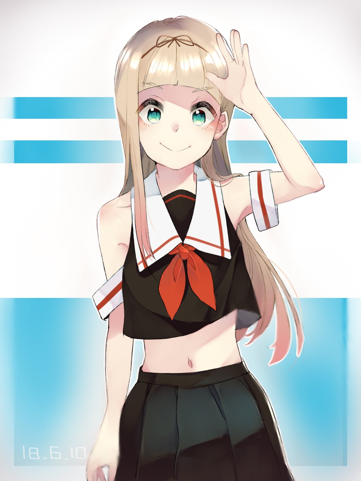 1girl adapted_costume armband black_ribbon black_serafuku black_skirt blonde_hair green_eyes hair_ribbon highres kantai_collection long_hair looking_at_viewer midriff navel neckerchief pleated_skirt red_neckwear ribbon school_uniform serafuku siosiok_02 skirt solo straight_hair waving yuudachi_(kantai_collection)