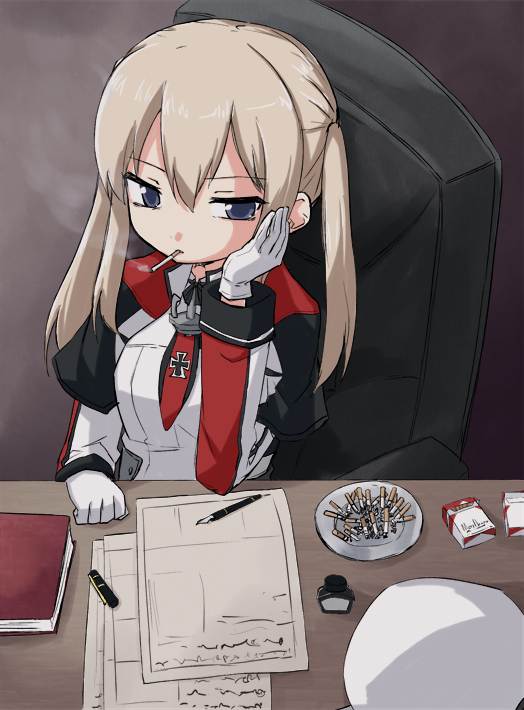 1girl bangs blonde_hair blue_eyes book capelet chair cigarette cigarette_box cigarette_butt cigarette_tray closed_mouth desk frown gloves graf_zeppelin_(kantai_collection) half-closed_eyes hand_on_own_face hat hat_removed headwear_removed inkwell iron_cross jacket kakizaki_(chou_neji) kantai_collection long_hair long_sleeves looking_at_viewer mouth_hold necktie office_chair paper pen red_neckwear saucer sidelocks sitting smoke smoking solo twintails white_gloves white_hat white_jacket