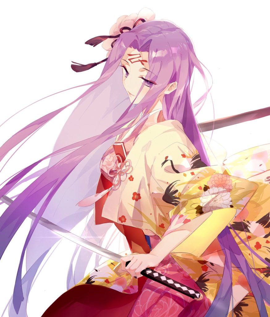 1girl cosplay e_(h798602056) facial_mark fate/stay_night fate_(series) flower forehead_mark hair_flower hair_ornament holding holding_weapon japanese_clothes kara_no_kyoukai katana kimono long_hair purple_hair rider ryougi_shiki ryougi_shiki_(cosplay) simple_background smile solo sword very_long_hair violet_eyes weapon white_background