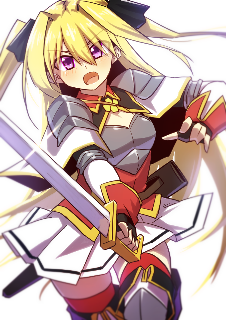 1girl armor blonde_hair character_request flower_knight_girl looking_at_viewer mizunashi_(second_run) open_mouth skirt solo sword twintails violet_eyes weapon