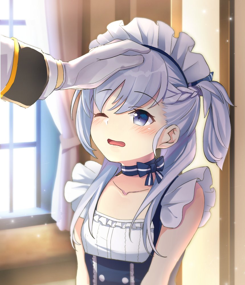 1girl admiral_(azur_lane) azur_lane belchan_(azur_lane) belfast_(azur_lane) blue_bow blush bow braid collarbone eyebrows_visible_through_hair flat_chest gloves grey_eyes grey_hair long_hair looking_at_another maid_headdress one_eye_closed open_mouth pantsu_majirou solo white_gloves