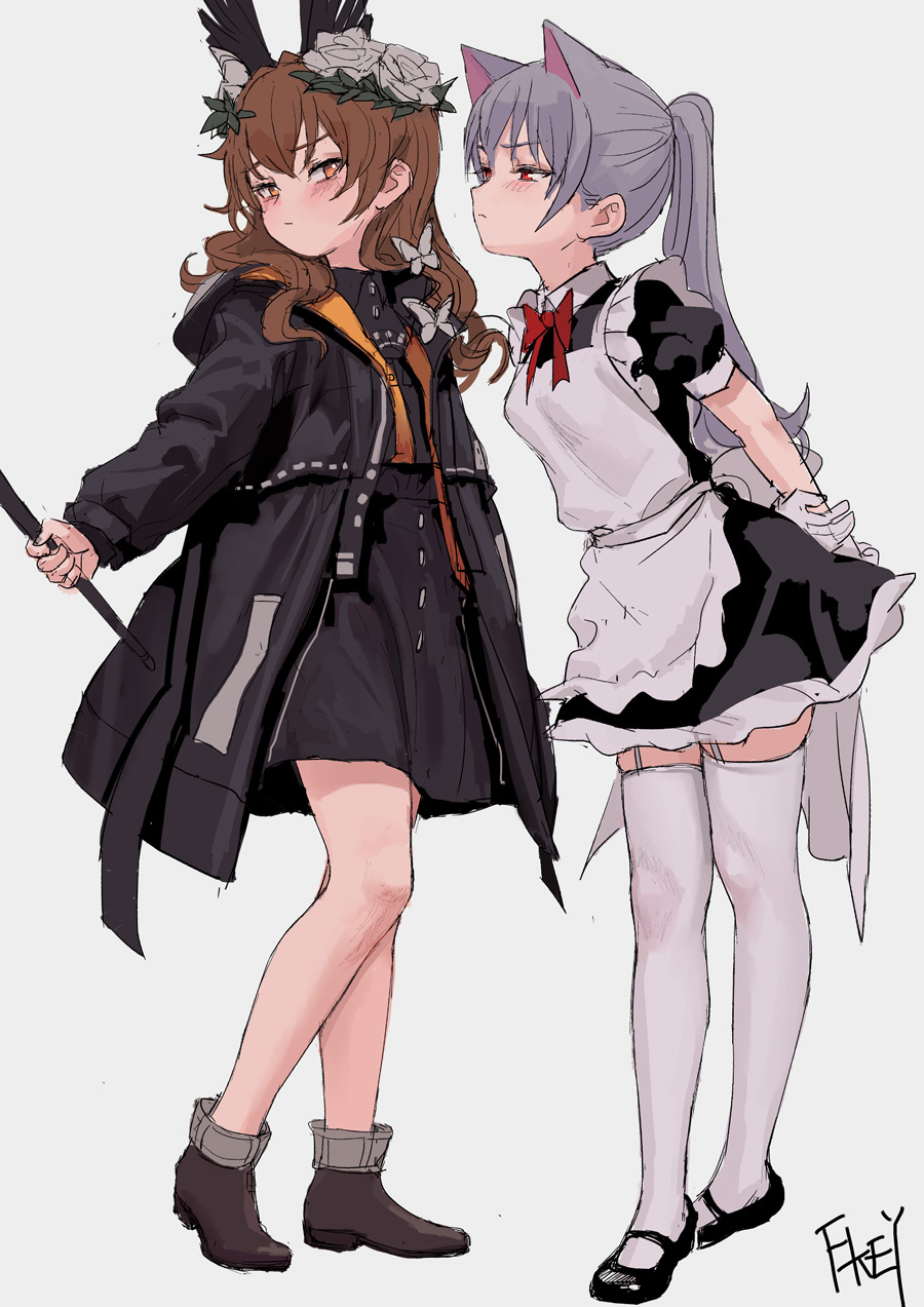 2girls animal_ears apron arms_behind_back black_dress black_footwear blush borrowed_character brown_eyes brown_hair butterfly_hair_ornament cat_ears closed_mouth dress fkey flower frilled_apron frills full_body garter_straps gloves grey_background grey_hair hair_flower hair_ornament highres holding hood hoodie long_hair looking_at_another maid mary_janes multiple_girls open_clothes original ponytail puffy_short_sleeves puffy_sleeves red_eyes red_neckwear shoes short_dress short_sleeves signature simple_background standing thigh-highs white_gloves white_legwear