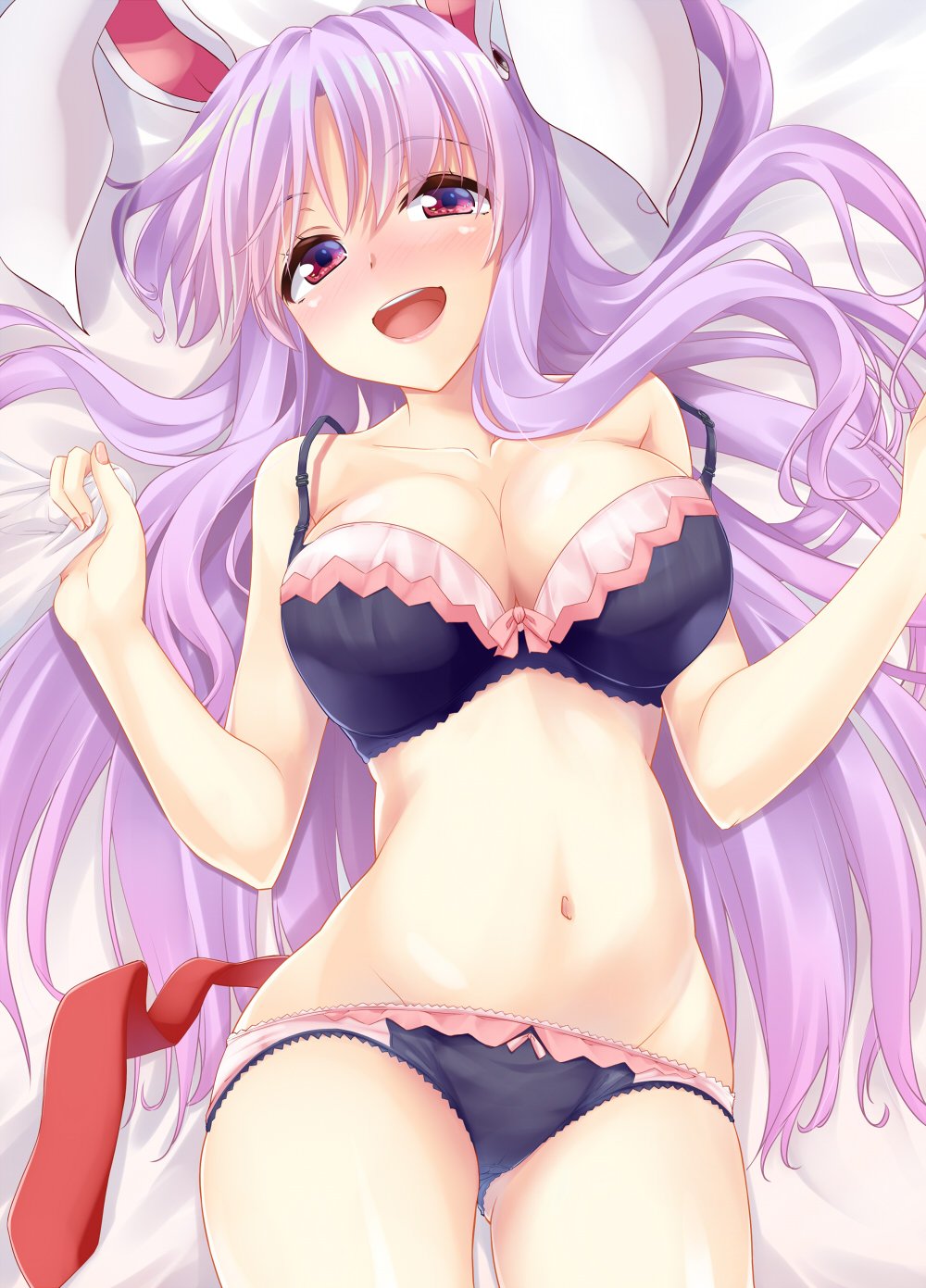 1girl :d animal_ears bare_arms bare_shoulders blue_bra blue_panties blush bow bra breasts cleavage collarbone commentary_request cowboy_shot eyebrows_visible_through_hair gluteal_fold grabbing groin hands_up head_tilt highres kue large_breasts long_hair long_sleeves looking_at_viewer lying multicolored multicolored_bra multicolored_clothes multicolored_panties nail_polish navel necktie necktie_removed nose_blush on_back open_mouth panties pink_bow pink_bra pink_nails pink_panties purple_hair rabbit_ears red_eyes red_neckwear reisen_udongein_inaba smile solo stomach strap_slip touhou underwear underwear_only very_long_hair