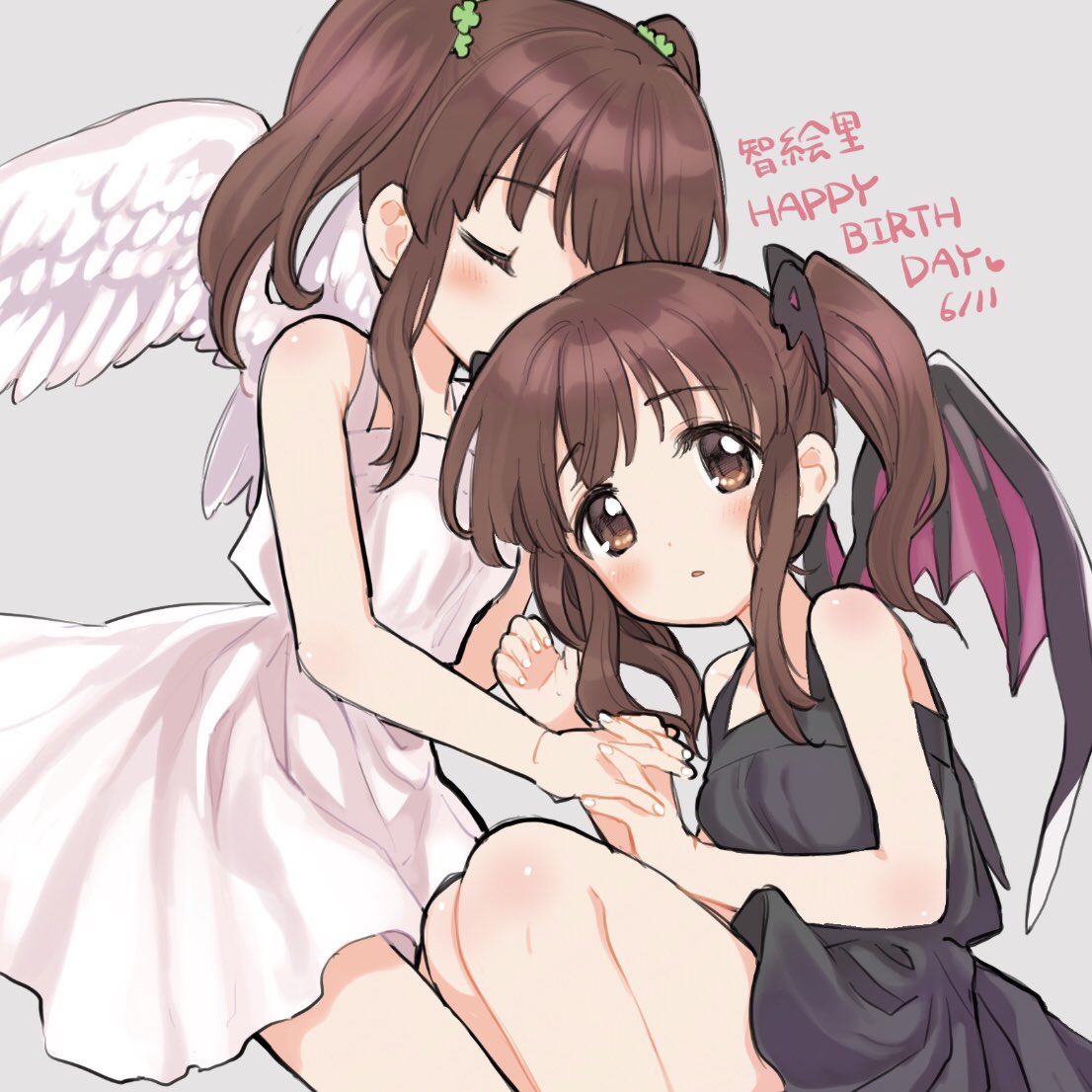 2girls amezawa_koma angel_wings bare_shoulders black_dress blush brown_eyes brown_hair closed_eyes clover clover_hair_ornament commentary_request dated demon_wings dress dual_persona eyebrows_visible_through_hair four-leaf_clover hair_ornament hand_holding happy_birthday idolmaster idolmaster_cinderella_girls looking_at_viewer multiple_girls ogata_chieri parted_lips simple_background twintails white_dress wings