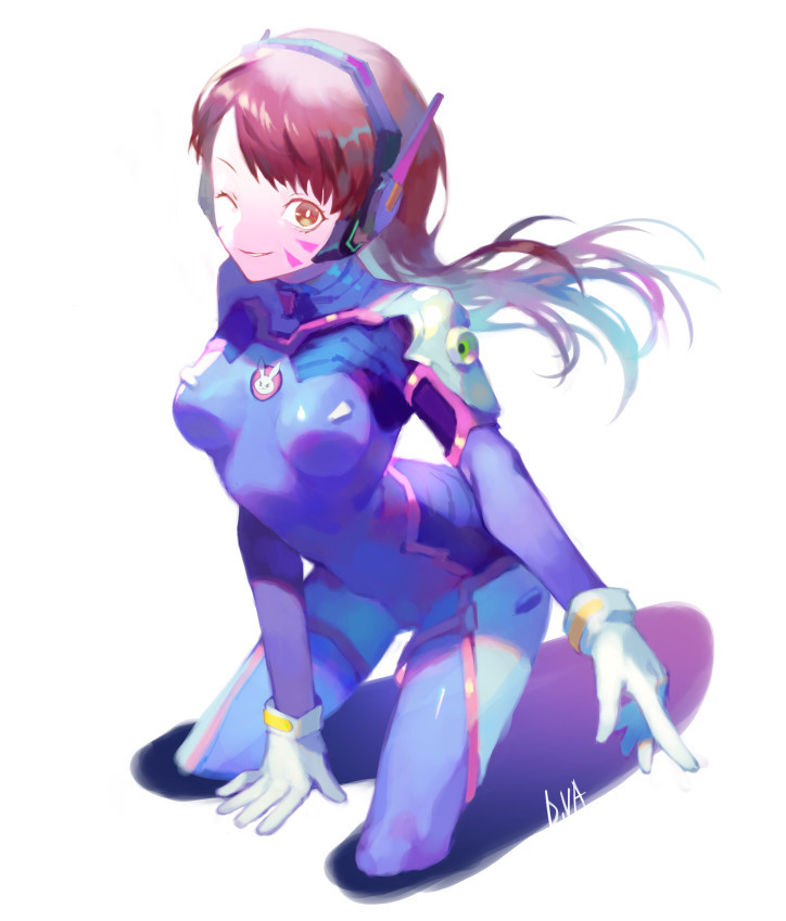 1girl blue_bodysuit bodysuit bright_pupils brown_hair commentary_request d.va_(overwatch) facial_mark floating_hair gloves headphones long_hair looking_at_viewer one_eye_closed orange_eyes overwatch parted_lips signature smile solo white_gloves yamakawa