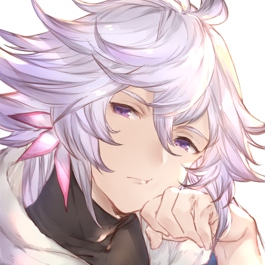 1boy ahoge bangs closed_mouth fate/grand_order fate_(series) hair_between_eyes hair_ornament head_rest lavender_hair long_hair male_focus merlin_(fate) mirei_kh13 simple_background turtleneck upper_body violet_eyes white_background