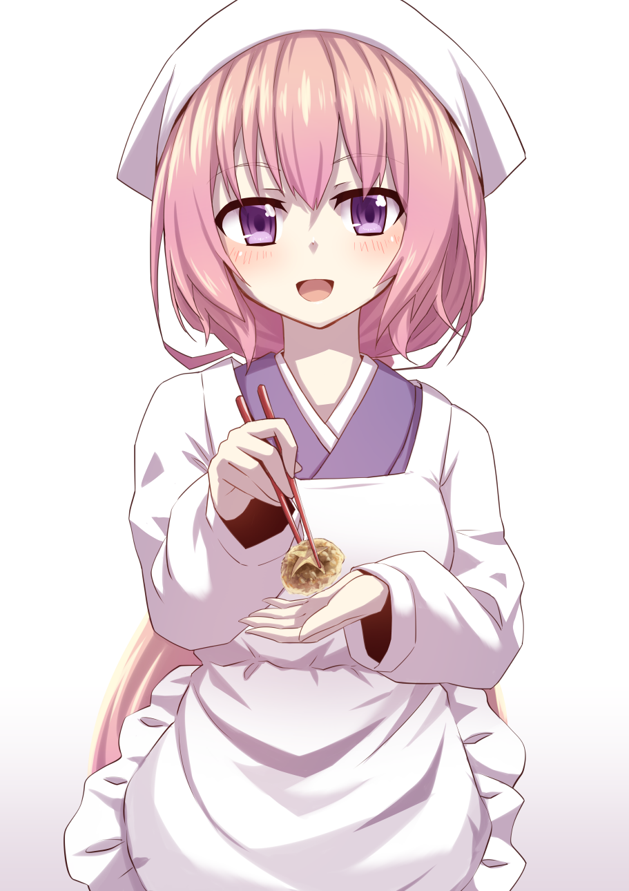 1girl apron blush character_request chopsticks feeding flower_knight_girl highres looking_at_viewer mizunashi_(second_run) open_mouth pink_eyes pink_hair pov_feeding short_hair smile solo