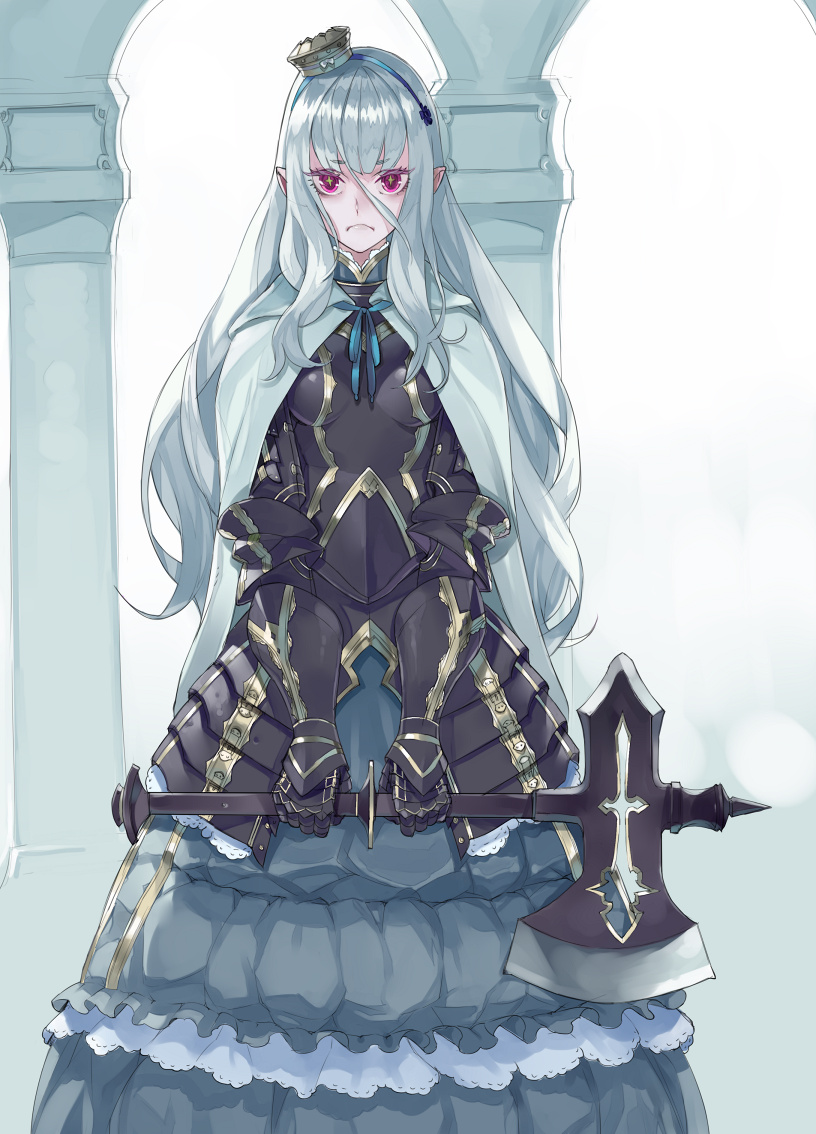 1girl armor armored_dress axe copyright_request crown dress fakepucco frilled_dress frills frown gauntlets hair_between_eyes holding holding_weapon long_hair looking_at_viewer pillar pointy_ears silver_hair solo star star-shaped_pupils symbol-shaped_pupils very_long_hair violet_eyes weapon