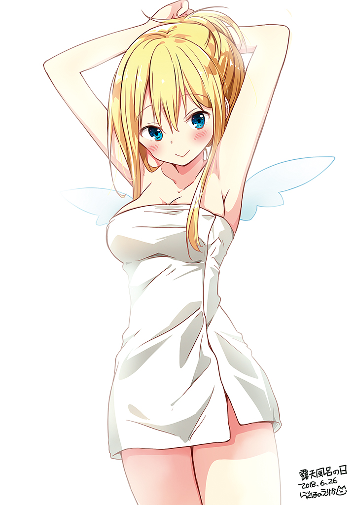 1girl amatsuka_poi arms_up bangs bare_arms bare_shoulders blonde_hair blue_eyes blue_wings blush breasts chikanoko cleavage closed_mouth collarbone commentary_request eyebrows_visible_through_hair hair_between_eyes head_tilt large_breasts looking_at_viewer naked_towel ragho_no_erika sidelocks simple_background smile solo towel translated white_background wings