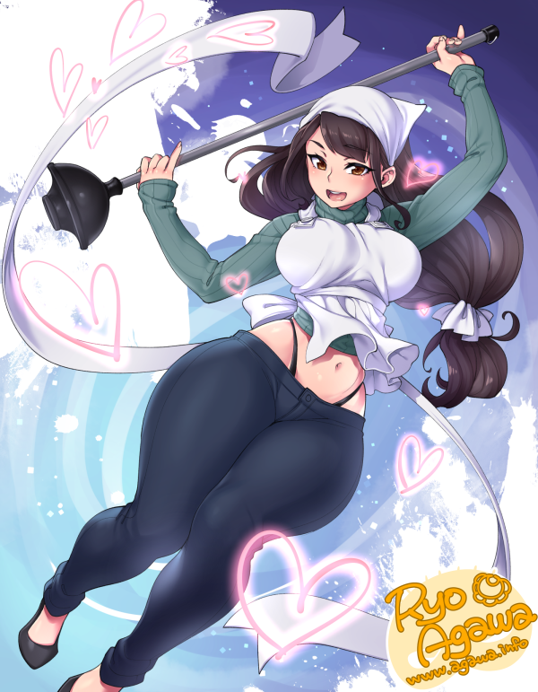 1girl agawa_ryou bandanna black_hair breasts commentary curvy denim heart highleg_panties hips jeans large_breasts long_hair looking_at_viewer midriff navel original pants plunger red_eyes signature smile solo thick_thighs thighs wide_hips