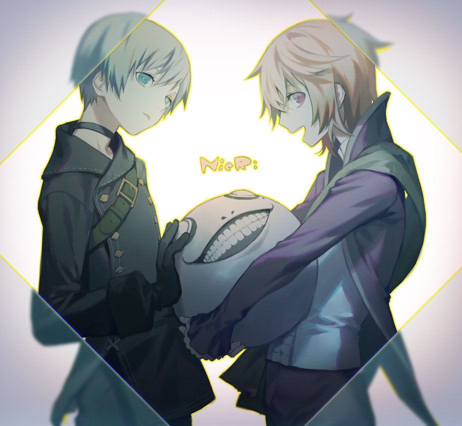 2boys :d belt black_choker black_gloves black_jacket black_pants blonde_hair blue_eyes blue_hair bright_pupils character_request choker closed_mouth copyright_request emil_(nier) from_side gloves jacket long_sleeves looking_at_viewer looking_to_the_side multiple_boys nier_(series) nier_automata open_mouth pants parted_lips profile purple_jacket red_eyes shirt smile white_shirt yamakawa yorha_no._9_type_s