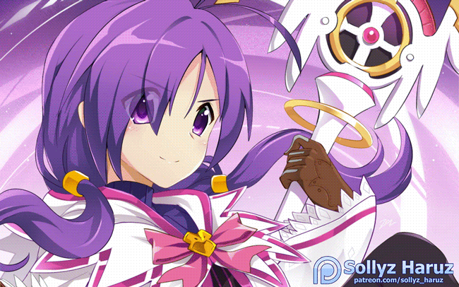 1girl aisha_(elsword) animated animated_gif bangs blinking elemental_master_(elsword) elsword frilled_sleeves frills holding looking_at_viewer smile sollyz solo