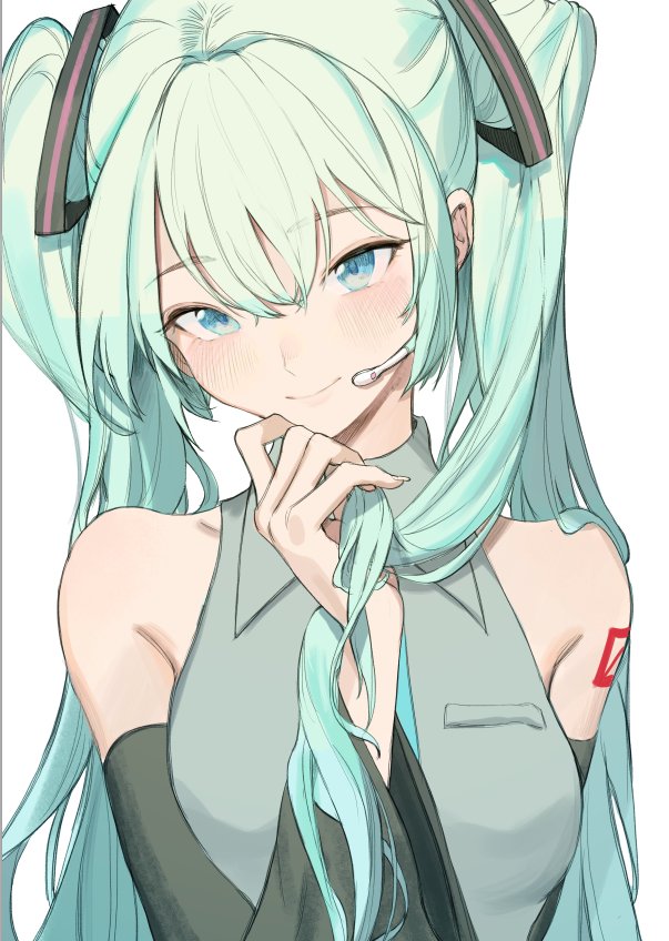 1girl aqua_eyes aqua_hair bare_shoulders breasts detached_sleeves elbow_sleeve freng green_hair hand_on_own_chin hands_in_hair hatsune_miku long_hair looking_at_viewer medium_breasts microphone necktie sleeveless smile solo tattoo twintails very_long_hair vocaloid