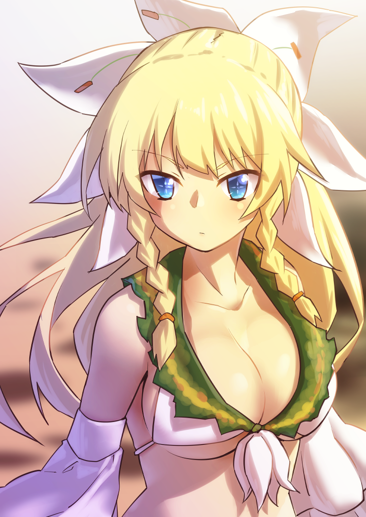 1girl bare_shoulders blonde_hair blue_eyes blush braid breasts character_request cleavage flower_knight_girl large_breasts long_hair mizunashi_(second_run) ponytail solo symbol-shaped_pupils