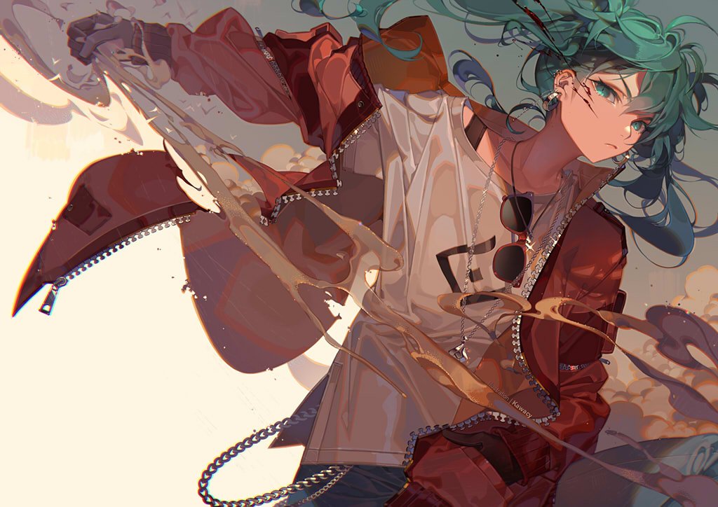 1girl aqua_eyes aqua_hair artist_name bangs black_gloves black_tank_top blood blood_on_face brown_background chain_belt chains closed_mouth collarbone colored_eyelashes commentary cuts denim earrings floating_hair frown gloves green_eyes green_hair grey_shirt hair_between_eyes hand_in_pocket hatsune_miku injury jacket jewelry kawacy long_hair looking_at_viewer multiple_earrings necklace no_eyewear open_clothes open_jacket outstretched_arm pants red_jacket shirt simple_background solo strap stud_earrings suna_no_wakusei_(vocaloid) sunglasses twintails vocaloid wallet_chain white_shirt zipper