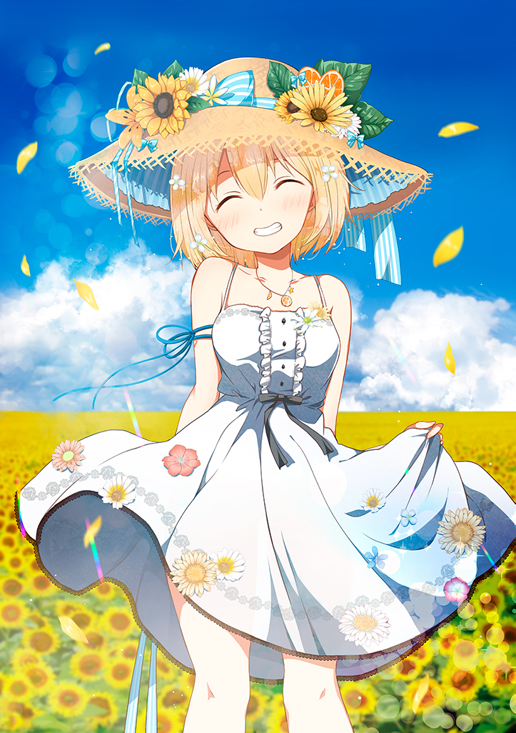 1girl ^_^ bangs bare_shoulders black_bow black_ribbon blonde_hair blue_bow blue_flower blue_ribbon blue_sky blurry blurry_background blush bow breasts chikanoko closed_eyes clouds collarbone commentary_request day depth_of_field dress facing_viewer field flower flower_field grin hair_between_eyes hat hat_bow hat_flower hat_ribbon head_tilt leaf looking_at_viewer outdoors petals ragho_no_erika red_flower ribbon sky sleeveless sleeveless_dress small_breasts smile solo standing straw_hat striped striped_bow striped_ribbon sunflower uchino_chika white_dress yellow_flower