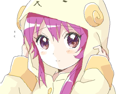 1girl 3: blush closed_mouth flying_sweatdrops furrowed_eyebrows hair_between_eyes hands_up long_hair long_sleeves looking_at_viewer lowres namori nervous pajamas purple_hair simple_background solo sugiura_ayano tareme violet_eyes white_background yuru_yuri