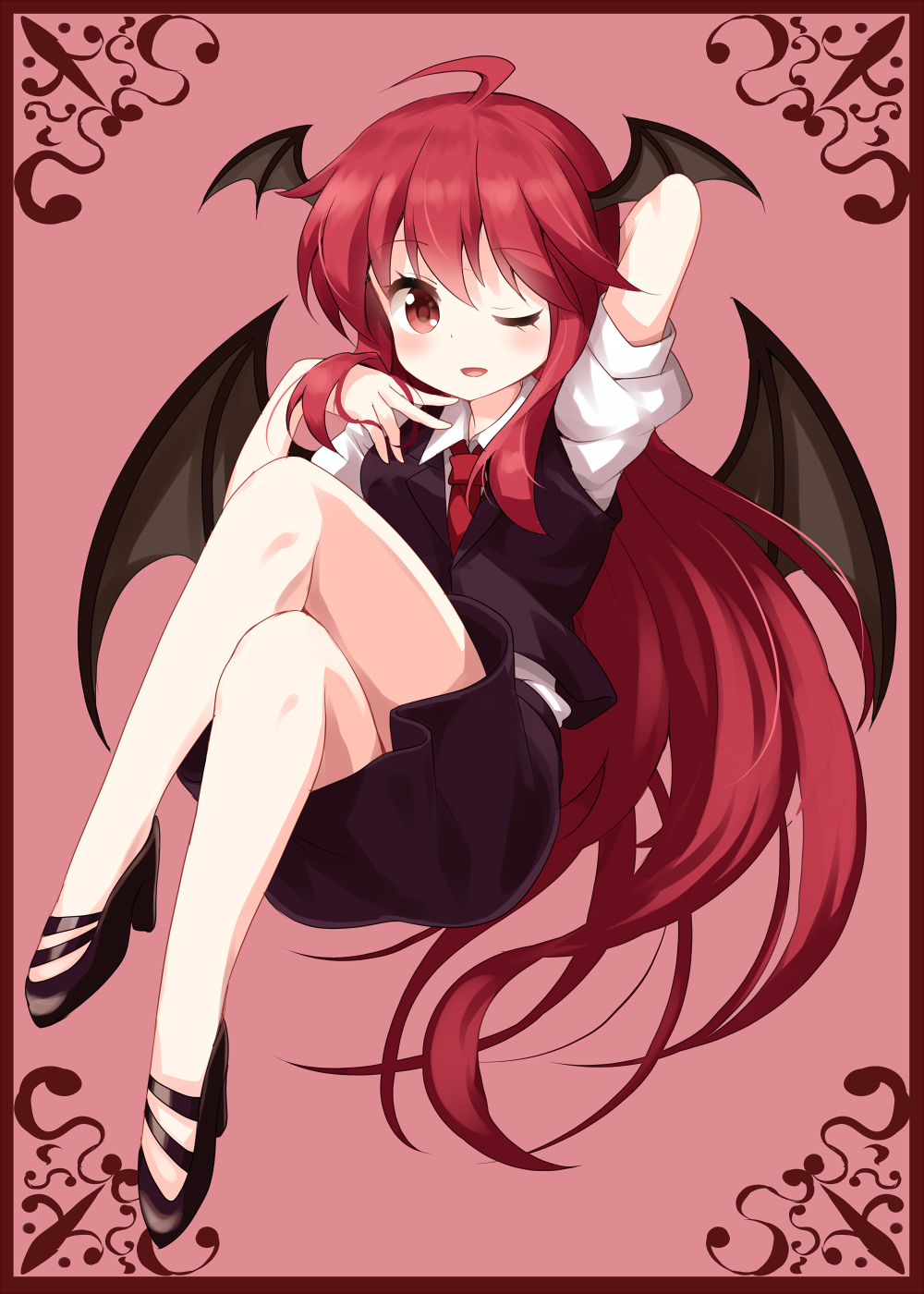 1girl ahoge arm_up ass black_footwear black_skirt black_vest blush border breasts commentary_request demon_wings eyebrows_visible_through_hair full_body hair_between_eyes head_wings high_heels highres invisible_chair koakuma legs_crossed long_hair looking_at_viewer medium_breasts one_eye_closed parted_lips pink_background puffy_short_sleeves puffy_sleeves red_border red_eyes red_neckwear redhead ruu_(tksymkw) shirt short_sleeves sidelocks simple_background sitting skirt smile solo touhou very_long_hair vest white_shirt wing_collar wings