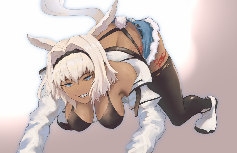 1girl all_fours animal_ears black_bikini_top black_legwear blonde_hair blood blue_eyes breasts cleavage cutoffs dark_skin fate_(series) grin hair_intakes hairband hanging_breasts highleg highleg_panties jacket lancer_(lostbelt) large_breasts panties quentin_lecuiller shoes smile solo thigh-highs torn_clothes torn_thighhighs underwear white_footwear