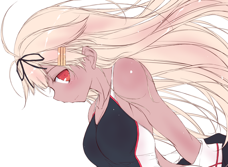 1girl alternate_skin_color blonde_hair blush commentary_request competition_swimsuit dark_skin hair_ornament hair_ribbon hairclip kantai_collection long_hair looking_at_viewer one-piece_swimsuit profile red_eyes remodel_(kantai_collection) ribbon simple_background solo swimsuit upper_body white_background yumesato_makura yuudachi_(kantai_collection)