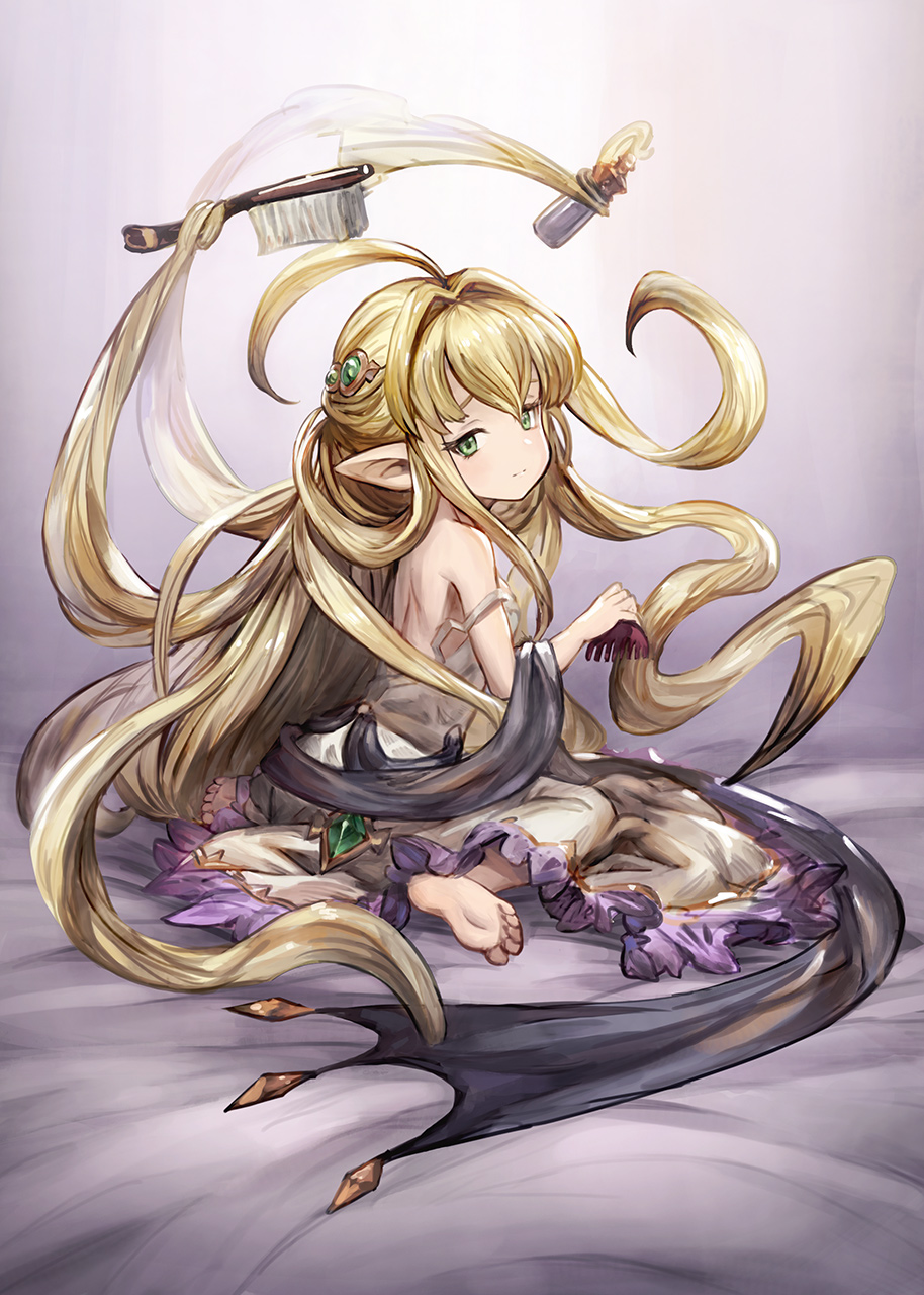 1girl ahoge back bare_shoulders barefoot blonde_hair brush comb dress ecien from_behind granblue_fantasy green_eyes hair_ornament harvin highres living_hair long_hair looking_at_viewer looking_back melissabelle pointy_ears prehensile_hair sitting soles solo strap_slip very_long_hair wariza white_dress