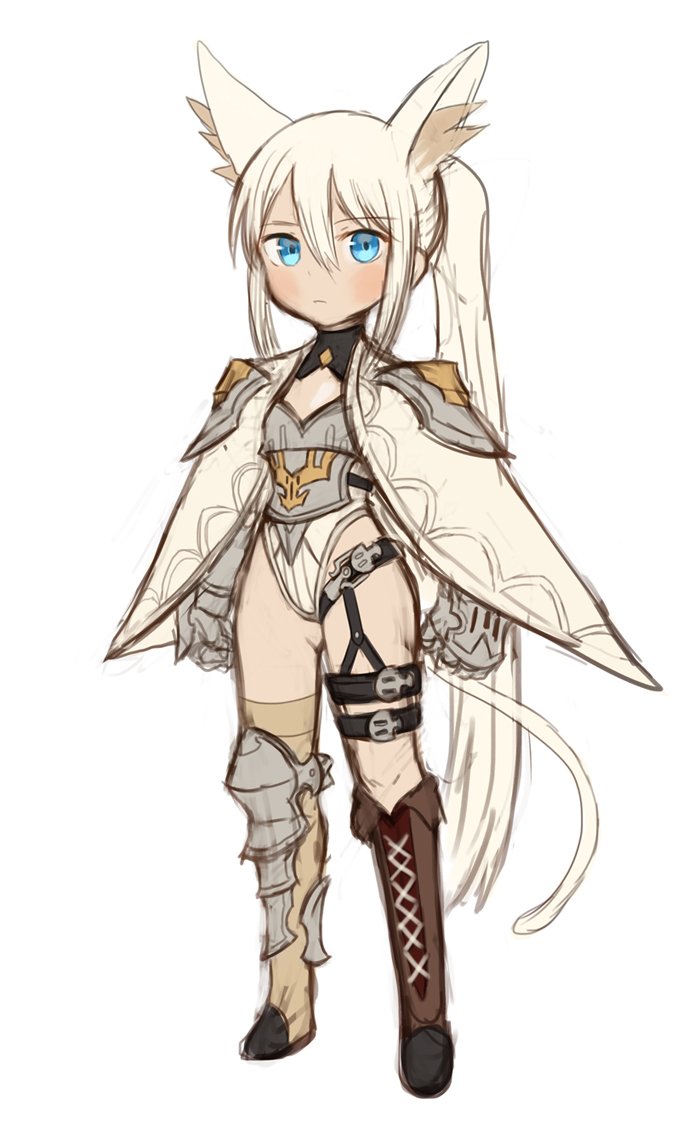 1girl animal_ears armor armored_boots blonde_hair blue_eyes blush boots brown_footwear cat_ears cat_girl cat_tail clenched_hands cross-laced_footwear expressionless gloves gluteal_fold legs_apart long_hair long_ponytail looking_at_viewer mismatched_footwear original ponytail simple_background single_thigh_boot solo sookmo standing tail thigh-highs thigh_boots very_long_hair white_background