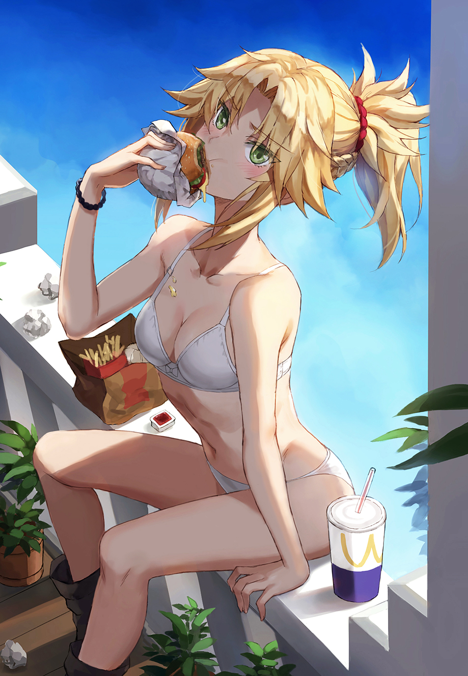 1girl bag balcony bangs bare_arms bare_shoulders blonde_hair blue_sky braid breasts burger collarbone commentary cup day drinking_straw eating fast_food fate/apocrypha fate_(series) food french_braid french_fries green_eyes hair_ornament hair_scrunchie highres holding holding_food long_hair looking_at_viewer mordred_(fate) mordred_(fate/apocrypha) navel paper_bag parted_bangs ponytail red_scrunchie scrunchie sidelocks sitting sky small_breasts solo stomach tonee wcdonalds
