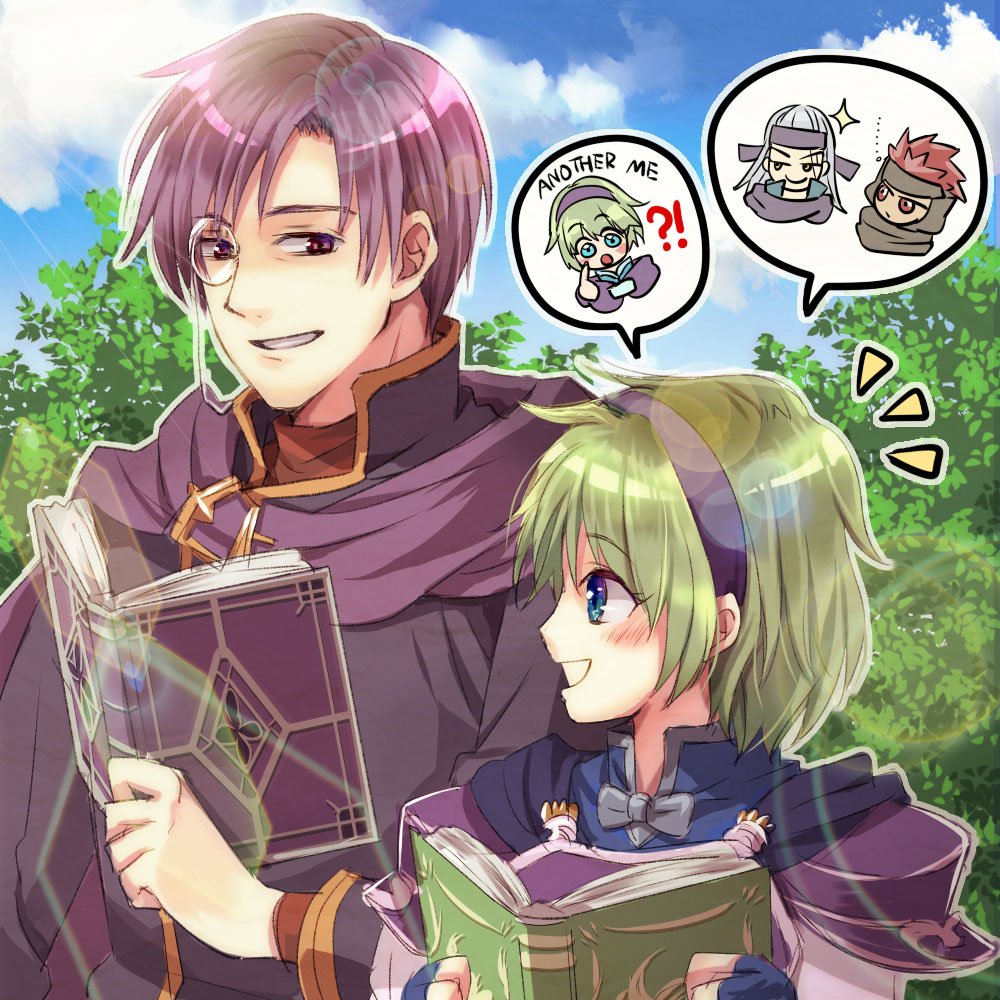 1girl blue_eyes blush book canas_(fire_emblem) cape fire_emblem fire_emblem:_rekka_no_ken fire_emblem_heroes forest gloves green_hair hairband if_oki jaffar_(fire_emblem) multiple_boys nature nino_(fire_emblem) open_mouth pegasus_knight purple_hairband redhead scar short_hair smile