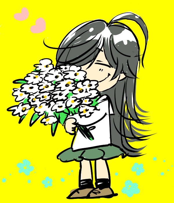 1girl ahoge black_hair bouquet brown_footwear charles_schulz_(style) closed_eyes closed_mouth flower full_body girls_und_panzer green_skirt happy heart isuzu_hana lenny-tree long_hair ooarai_school_uniform parody peanuts school_uniform serafuku shoes skirt smile solo standing style_parody wavy_mouth yellow_background