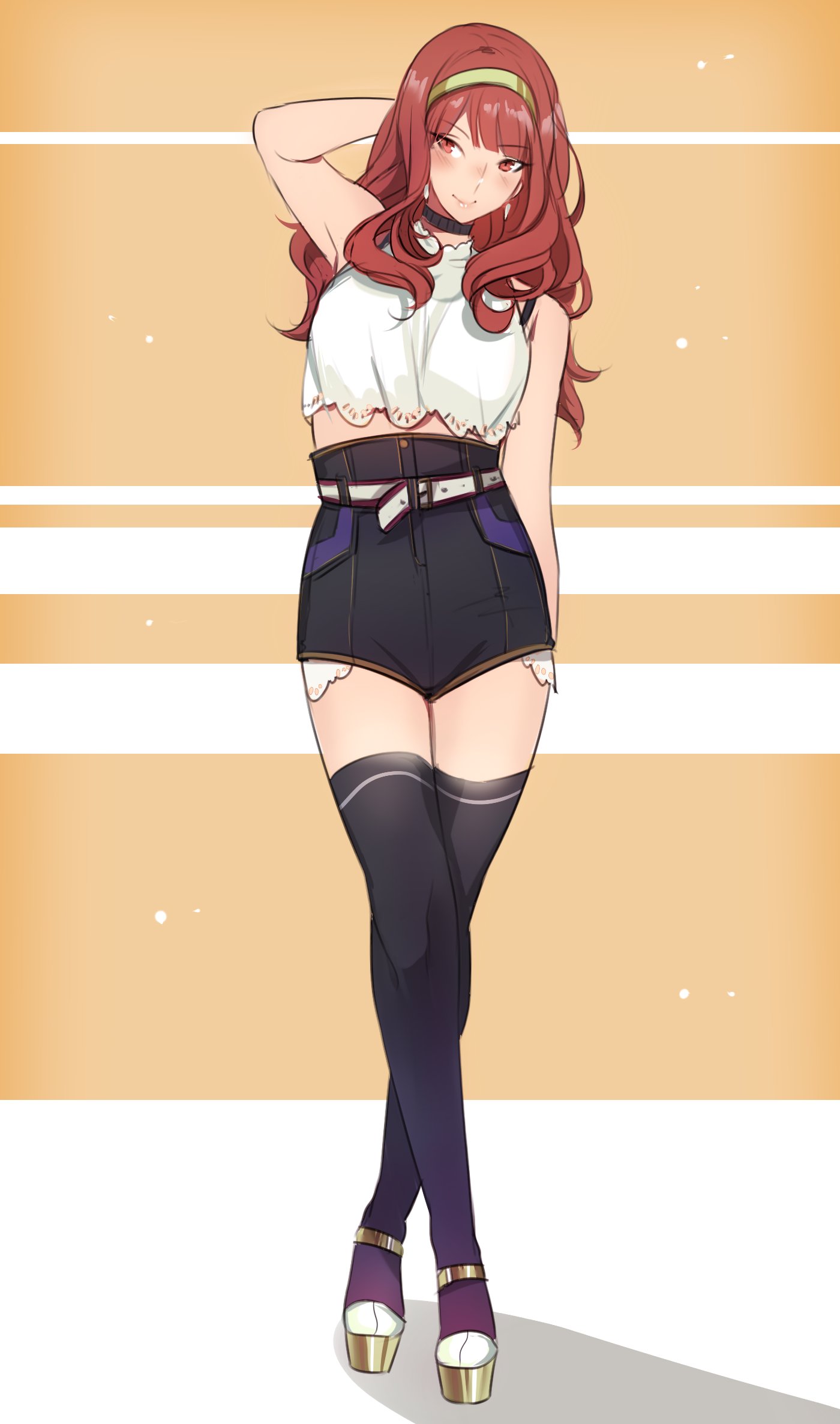 1girl boots celica_(fire_emblem) fire_emblem fire_emblem_echoes:_mou_hitori_no_eiyuuou highres jewelry long_hair red_eyes redhead shorts simple_background smile solo thigh-highs tusia