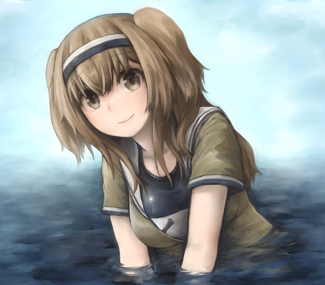 1girl blue_sky breasts clouds cloudy_sky hairband i-26_(kantai_collection) kantai_collection light_brown_eyes light_brown_hair long_hair looking_at_viewer medium_breasts miyasutou name_tag new_school_swimsuit ocean one-piece_swimsuit open_clothes partially_submerged sailor_collar school_swimsuit short_sleeves sky smile solo swimsuit swimsuit_under_clothes two-tone_hairband two_side_up water