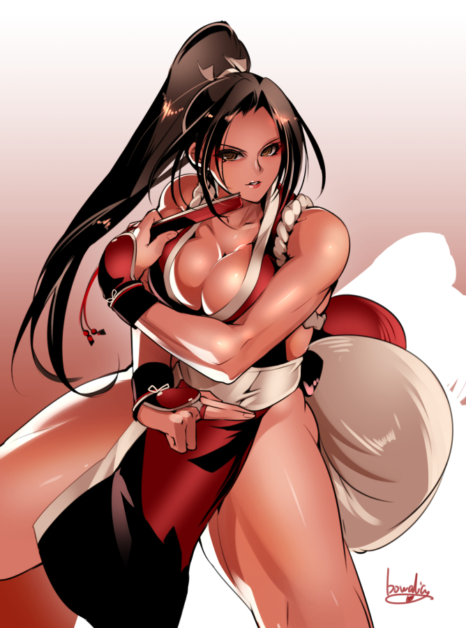 1girl bowalia breasts brown_eyes brown_hair cleavage closed_fan collarbone fan fatal_fury fighting_stance fingers_together folding_fan high_ponytail japanese_clothes large_breasts long_hair ninja obi parted_lips pelvic_curtain ponytail revealing_clothes rope sash shiranui_mai the_king_of_fighters thighs