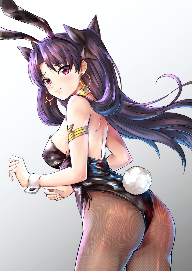 1girl animal_ears ass black_hair black_legwear black_leotard black_ribbon bunny_girl bunny_tail bunnysuit cowboy_shot earrings fate/grand_order fate_(series) from_behind gradient gradient_background hair_ribbon hoop_earrings ishtar_(fate/grand_order) jewelry kelinch1 leotard neck_ring pantyhose rabbit_ears red_eyes ribbon solo strapless strapless_leotard tail tohsaka_rin two_side_up white_background wrist_cuffs