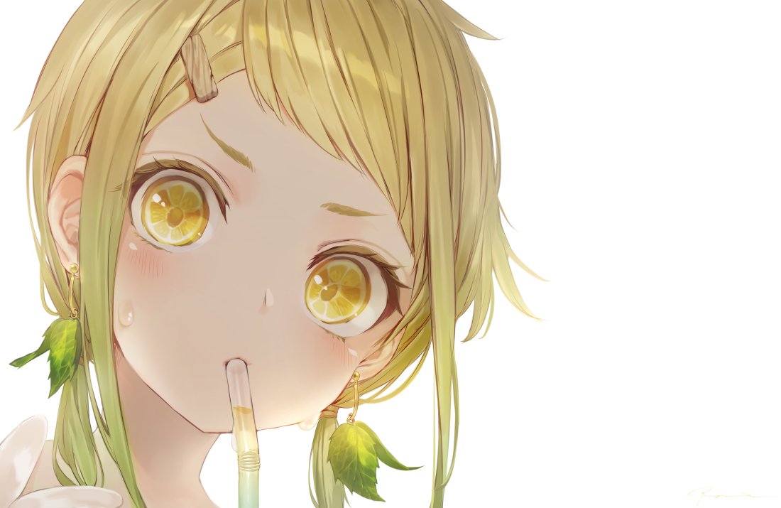 1girl bangs bendy_straw blonde_hair blush drinking_straw earrings face food fruit fruit_eyes gradient_hair green_hair hair_ornament hair_tie hairclip hakura_kusa head_tilt jewelry leaf_earrings lemon lemon_slice lemonade looking_at_viewer low_twintails mouth_hold multicolored_hair original parted_bangs shiny shiny_hair short_hair sidelocks simple_background solo sweat symbol-shaped_pupils twintails white_background wood yellow_eyes