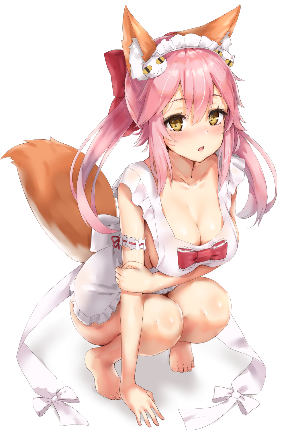 1girl animal_ears apron arm_support bare_legs barefoot blush bow breasts cleavage collarbone commentary_request cosplay fate/extra fate/grand_order fate_(series) fox_ears fox_tail full_body hair_between_eyes hair_bow highres large_breasts long_hair looking_at_viewer maid_headdress naked_apron open_mouth pink_hair red_bow reinama simple_background solo squatting tail tamamo_(fate)_(all) tamamo_cat_(fate) tamamo_cat_(fate)_(cosplay) white_background yellow_eyes