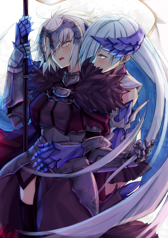 2girls blue_hair blush brynhildr_(fate) chains commentary_request fate/grand_order fate_(series) flag flagpole fur_trim gauntlets hair_over_one_eye headpiece holding holding_flag hug hug_from_behind jeanne_d'arc_(alter)_(fate) jeanne_d'arc_(fate)_(all) long_hair looking_at_another multiple_girls open_mouth thigh-highs very_long_hair white_hair yellow_eyes yude yuri