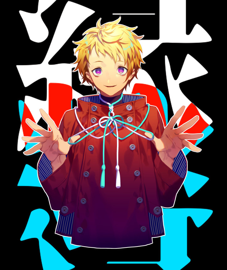 1boy blonde_hair bright_pupils commentary_request copyright_request hands_up jacket long_sleeves looking_at_viewer male_focus parted_lips red_jacket ribbon smile solo upper_body violet_eyes yamakawa