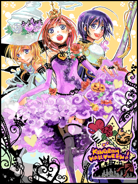 bad_id bad_pixiv_id blonde_hair blue_eyes breasts cosplay dress full_body garter_straps halloween hat kairi_(kingdom_hearts) kingdom_hearts kingdom_hearts_ii knight long_hair looking_at_viewer m3_(mmm003) medium_hair multiple_girls namine princess short_hair sword thigh-highs weapon witch_hat xion_(kingdom_hearts)